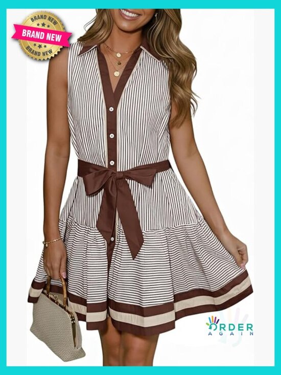 Dresses & Skirts - Striped Button Down Shirt Dress Sleeveless Tie Waist Mini with Pockets